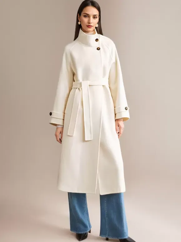White Wool Cashmere Blend Coat Stand Collar Double-Faced Belted Winter Outerwear For Women 2026