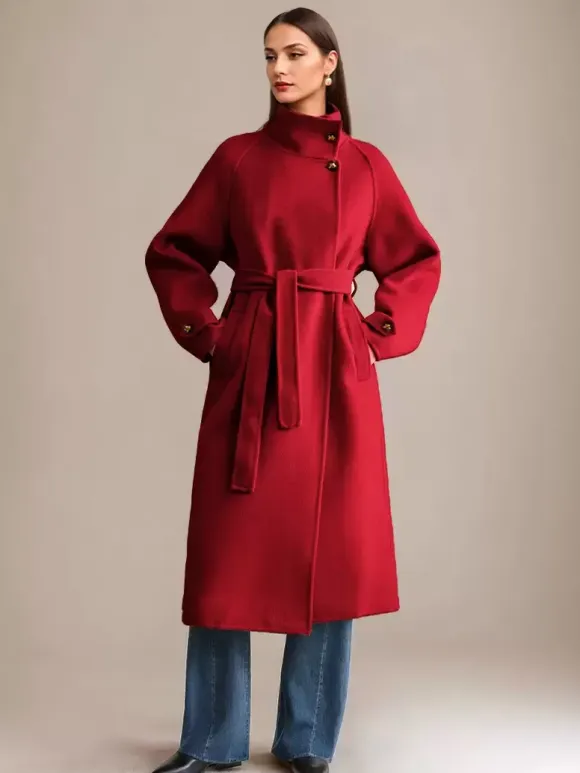 White Wool Cashmere Blend Coat Stand Collar Double-Faced Belted Winter Outerwear For Women 2026