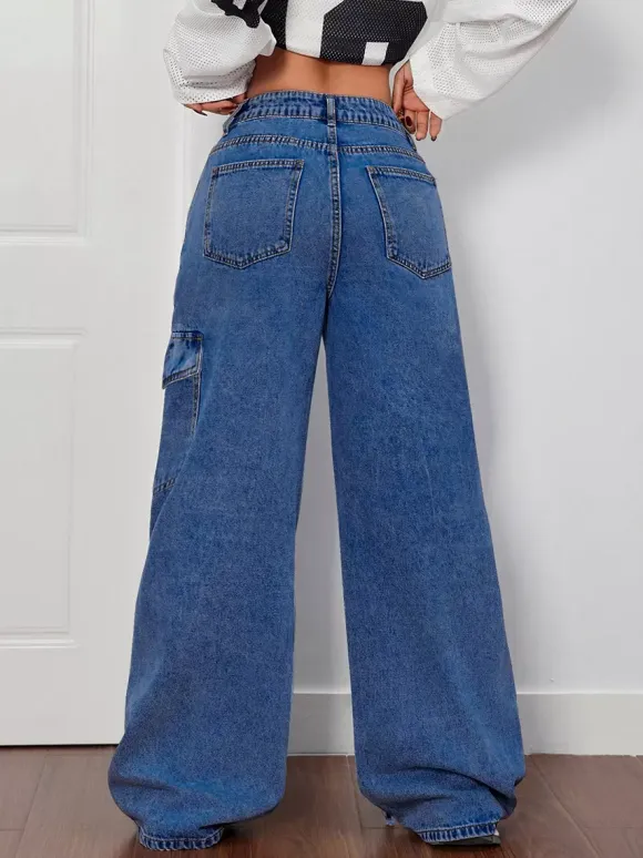 Wide Leg Cargo Jeans For Women - Y2K Retro Bow Tie Strappy Loose Washed Denim Pants - Spring Music Festival Streetwear 2026