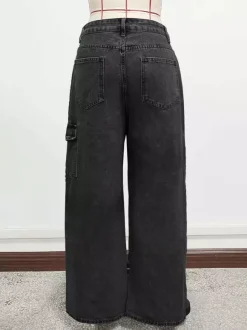 Wide Leg Cargo Jeans For Women - Y2K Retro Bow Tie Strappy Loose Washed Denim Pants - Spring Music Festival Streetwear 2026