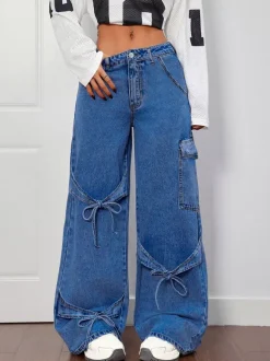 Wide Leg Cargo Jeans For Women - Y2K Retro Bow Tie Strappy Loose Washed Denim Pants - Spring Music Festival Streetwear 2026