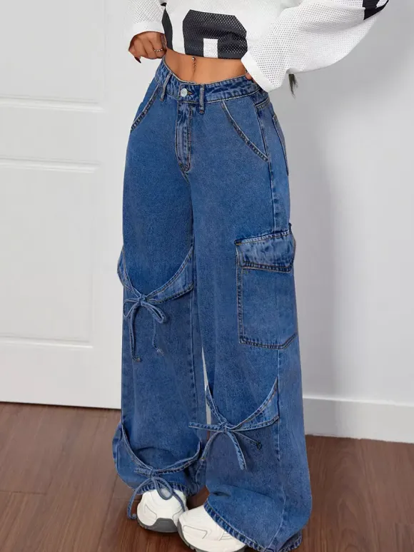 Wide Leg Cargo Jeans For Women - Y2K Retro Bow Tie Strappy Loose Washed Denim Pants - Spring Music Festival Streetwear 2026