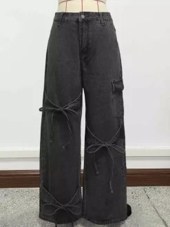 Wide Leg Cargo Jeans For Women - Y2K Retro Bow Tie Strappy Loose Washed Denim Pants - Spring Music Festival Streetwear 2026