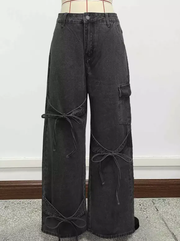 Wide Leg Cargo Jeans For Women - Y2K Retro Bow Tie Strappy Loose Washed Denim Pants - Spring Music Festival Streetwear 2026