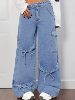 Wide Leg Cargo Jeans For Women - Y2K Retro Bow Tie Strappy Loose Washed Denim Pants - Spring Music Festival Streetwear 2026