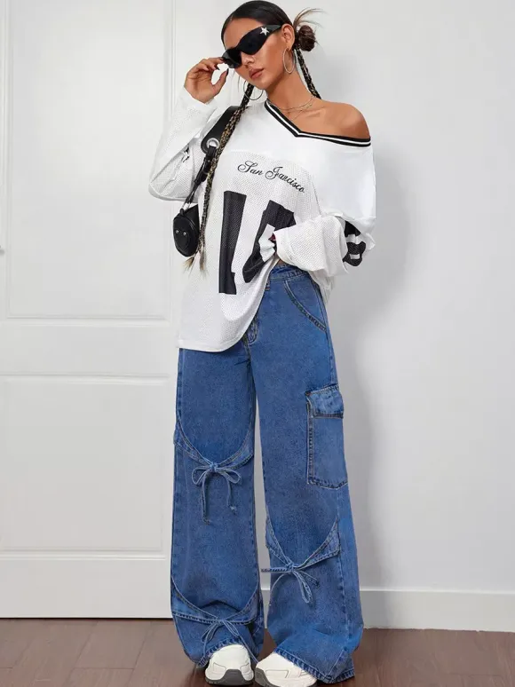 Wide Leg Cargo Jeans For Women - Y2K Retro Bow Tie Strappy Loose Washed Denim Pants - Spring Music Festival Streetwear 2026
