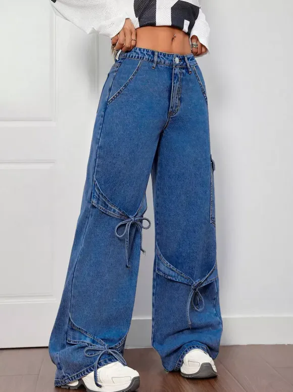 Wide Leg Cargo Jeans For Women - Y2K Retro Bow Tie Strappy Loose Washed Denim Pants - Spring Music Festival Streetwear 2026