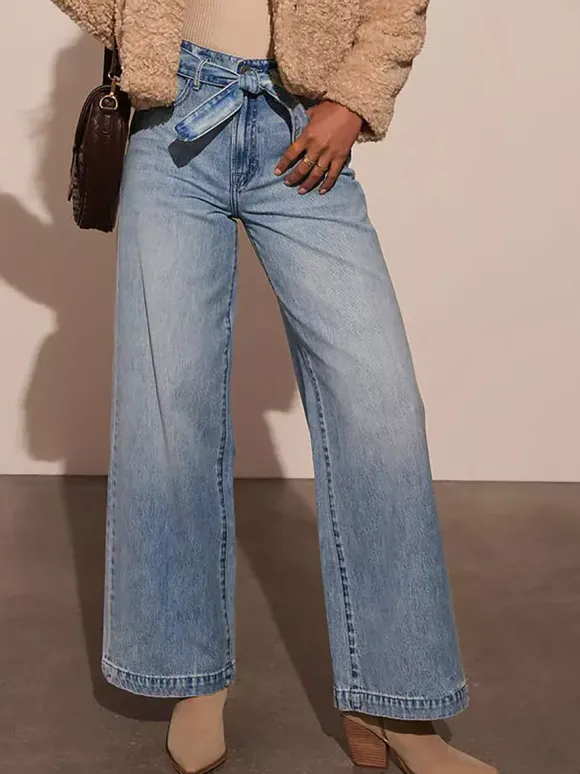 Wide Leg Jeans With Bow Belt In Blue For Autumn 2026