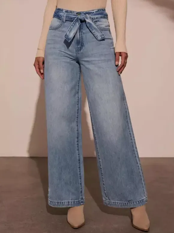 Wide Leg Jeans With Bow Belt In Blue For Autumn 2026
