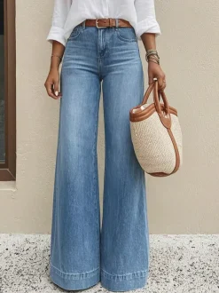 Wide Leg Palazzo Jeans For Women - Light Blue Retro High Waisted Minimalist Flare Denim - Summer Vacation Outfits 2026