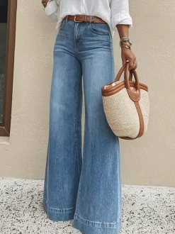 Wide Leg Palazzo Jeans For Women - Light Blue Retro High Waisted Minimalist Flare Denim - Summer Vacation Outfits 2026