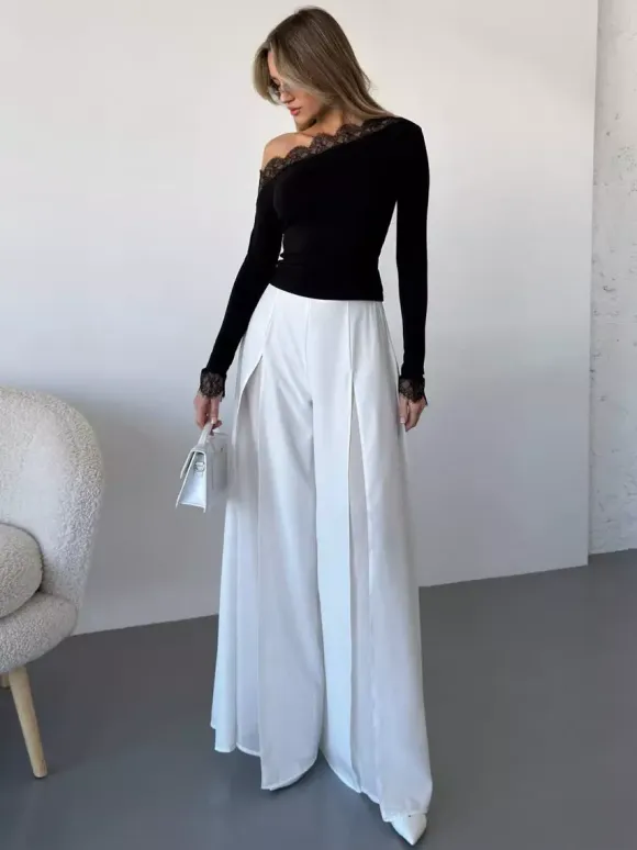 Wide Leg Pants Double Layer Split Mesh Flowy High Waist Women Palazzo Wide Leg Pants
