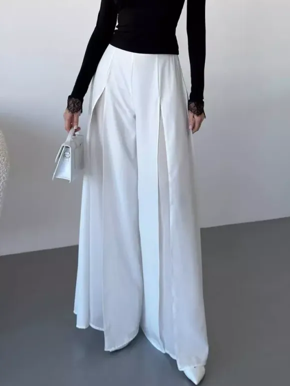 Wide Leg Pants Double Layer Split Mesh Flowy High Waist Women Palazzo Wide Leg Pants