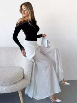 Wide Leg Pants Double Layer Split Mesh Flowy High Waist Women Palazzo Wide Leg Pants
