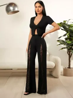 Wide Leg Pants Lace Cutout Side Slit High Waist Flare Women Pants Wide Leg Pants