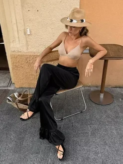 Wide Leg Pants Satin Ruffle Flare Elastic Waist Women Casual Pants Wide Leg Pants