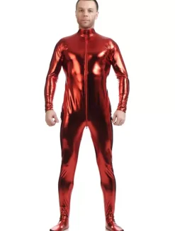 Wine Red Adults Bodysuit Shiny Metallic Catsuit for Men