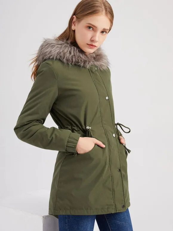 Winter Coats Pink Medium Drawstring Hooded Front Button Long Sleeves Two-Tone Casual Winter Coat Outerwear