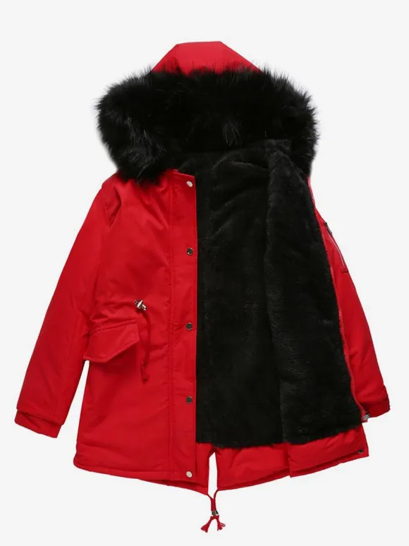 Winter Coats Pink Medium Drawstring Hooded Front Button Long Sleeves Two-Tone Casual Winter Coat Outerwear