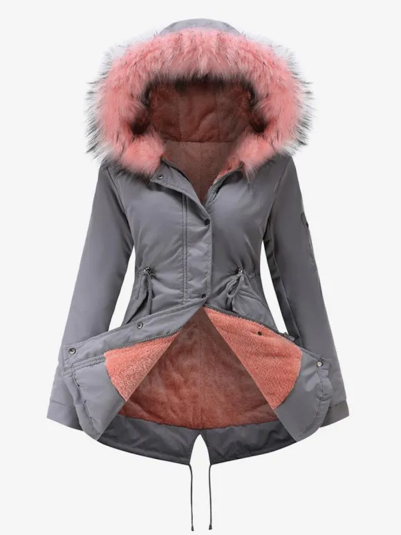 Winter Coats Pink Medium Drawstring Hooded Front Button Long Sleeves Two-Tone Casual Winter Coat Outerwear