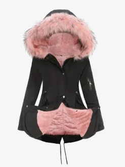 Winter Coats Pink Medium Drawstring Hooded Front Button Long Sleeves Two-Tone Casual Winter Coat Outerwear