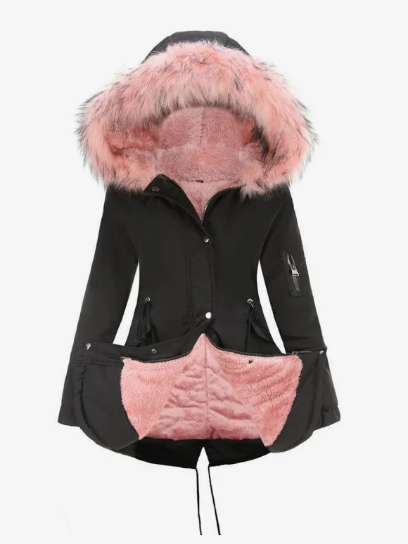 Winter Coats Pink Medium Drawstring Hooded Front Button Long Sleeves Two-Tone Casual Winter Coat Outerwear
