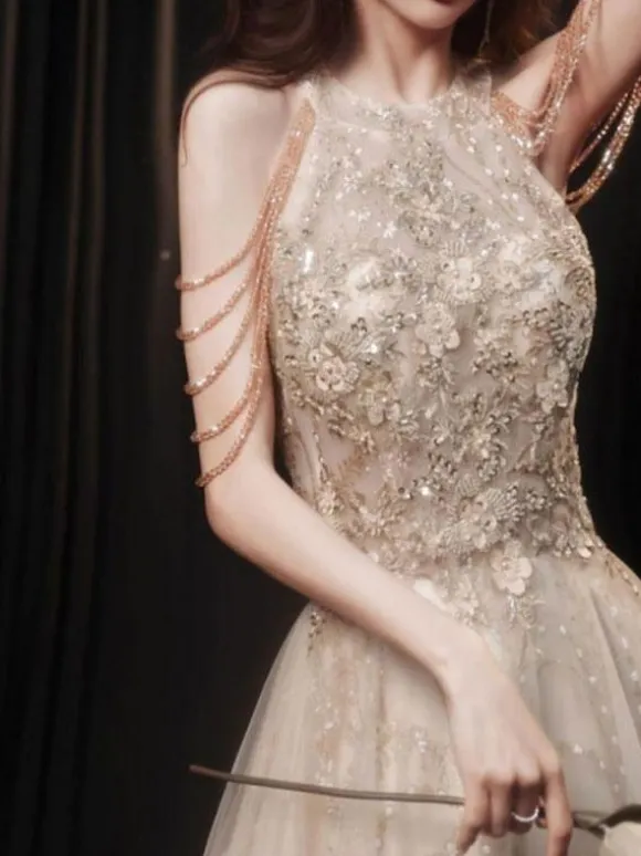 With Cocktail Dress Beautiful Floor-Length Princess Silhouette Halter Flowers