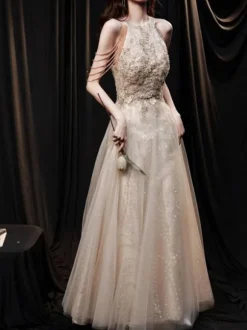 With Cocktail Dress Beautiful Floor-Length Princess Silhouette Halter Flowers
