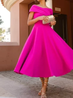 With Cocktail Dress Elegant Tea-Length A-Line Off-The-Shoulder Pleated Stretch Crepe