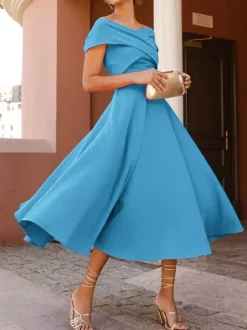 With Cocktail Dress Elegant Tea-Length A-Line Off-The-Shoulder Pleated Stretch Crepe
