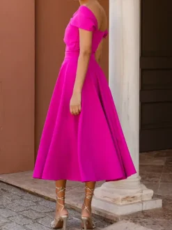 With Cocktail Dress Elegant Tea-Length A-Line Off-The-Shoulder Pleated Stretch Crepe