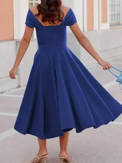 With Cocktail Dress Elegant Tea-Length A-Line Off-The-Shoulder Pleated Stretch Crepe