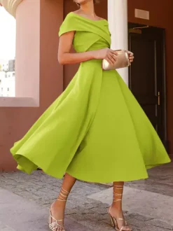 With Cocktail Dress Elegant Tea-Length A-Line Off-The-Shoulder Pleated Stretch Crepe