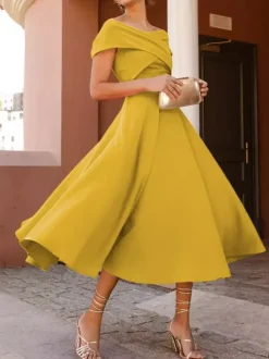With Cocktail Dress Elegant Tea-Length A-Line Off-The-Shoulder Pleated Stretch Crepe