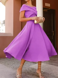With Cocktail Dress Elegant Tea-Length A-Line Off-The-Shoulder Pleated Stretch Crepe