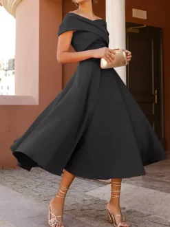 With Cocktail Dress Elegant Tea-Length A-Line Off-The-Shoulder Pleated Stretch Crepe