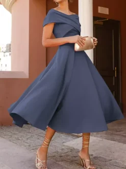 With Cocktail Dress Elegant Tea-Length A-Line Off-The-Shoulder Pleated Stretch Crepe
