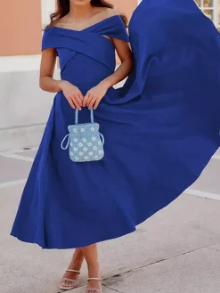 With Cocktail Dress Elegant Tea-Length A-Line Off-The-Shoulder Pleated Stretch Crepe