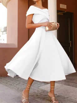 With Cocktail Dress Elegant Tea-Length A-Line Off-The-Shoulder Pleated Stretch Crepe