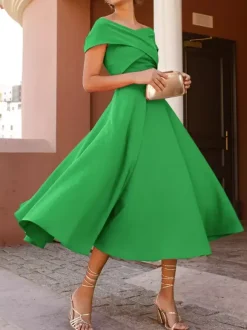 With Cocktail Dress Elegant Tea-Length A-Line Off-The-Shoulder Pleated Stretch Crepe