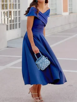 With Cocktail Dress Elegant Tea-Length A-Line Off-The-Shoulder Pleated Stretch Crepe
