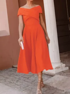 With Cocktail Dress Elegant Tea-Length A-Line Off-The-Shoulder Pleated Stretch Crepe