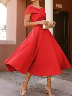 With Cocktail Dress Elegant Tea-Length A-Line Off-The-Shoulder Pleated Stretch Crepe