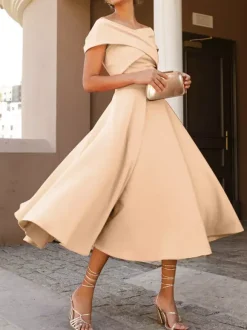 With Cocktail Dress Elegant Tea-Length A-Line Off-The-Shoulder Pleated Stretch Crepe