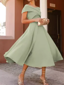 With Cocktail Dress Elegant Tea-Length A-Line Off-The-Shoulder Pleated Stretch Crepe