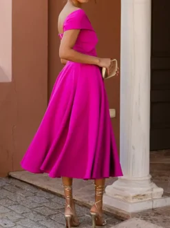 With Cocktail Dress Elegant Tea-Length A-Line Off-The-Shoulder Pleated Stretch Crepe