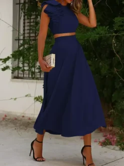 With Cocktail Dress Elegant Tea-Length Two-piece Jewel Neck Pleated