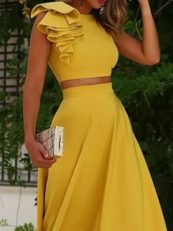 With Cocktail Dress Elegant Tea-Length Two-piece Jewel Neck Pleated