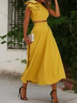 With Cocktail Dress Elegant Tea-Length Two-piece Jewel Neck Pleated