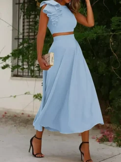With Cocktail Dress Elegant Tea-Length Two-piece Jewel Neck Pleated